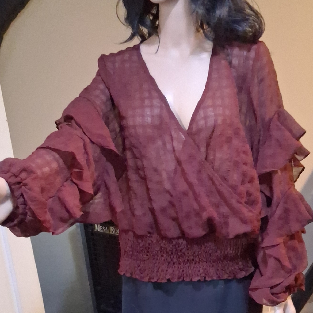 Red Ruffled Long Sleeve Smocked Blouse